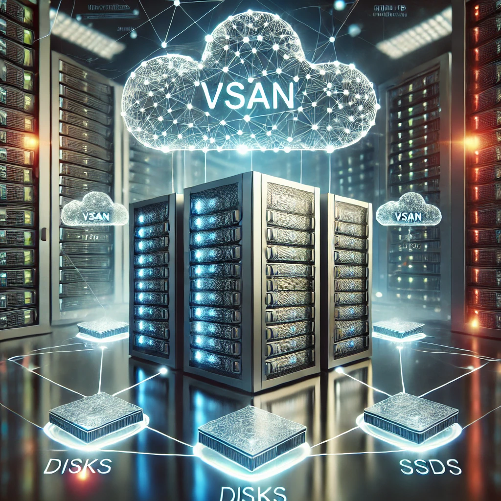 DALL·E 2024 09 24 11.19.20 An abstract representation of vSAN technology showcasing virtual storage networks in a modern datacenter. The image features interconnected server no تامین تجهیزات مراکز داده آرمان